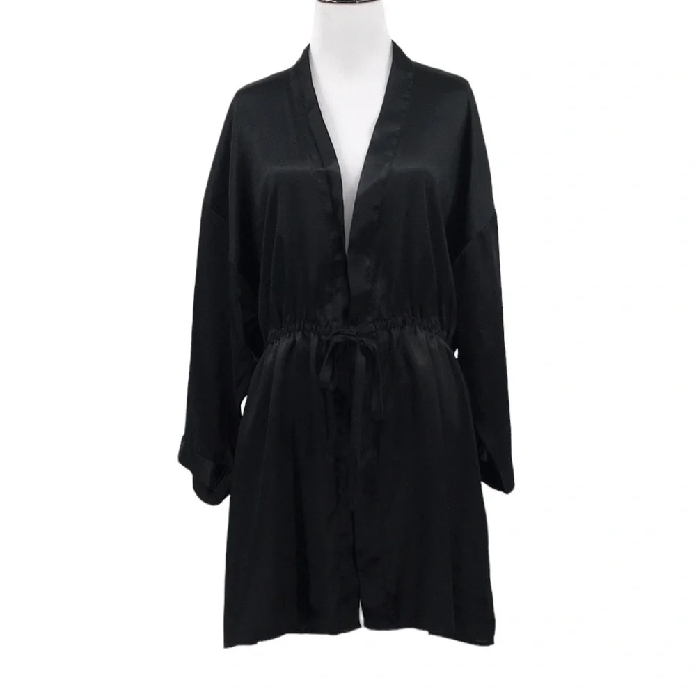 Victoria's Secret Black Silky Robe Womens Small Tie Waist Vintage Gold Label 80s